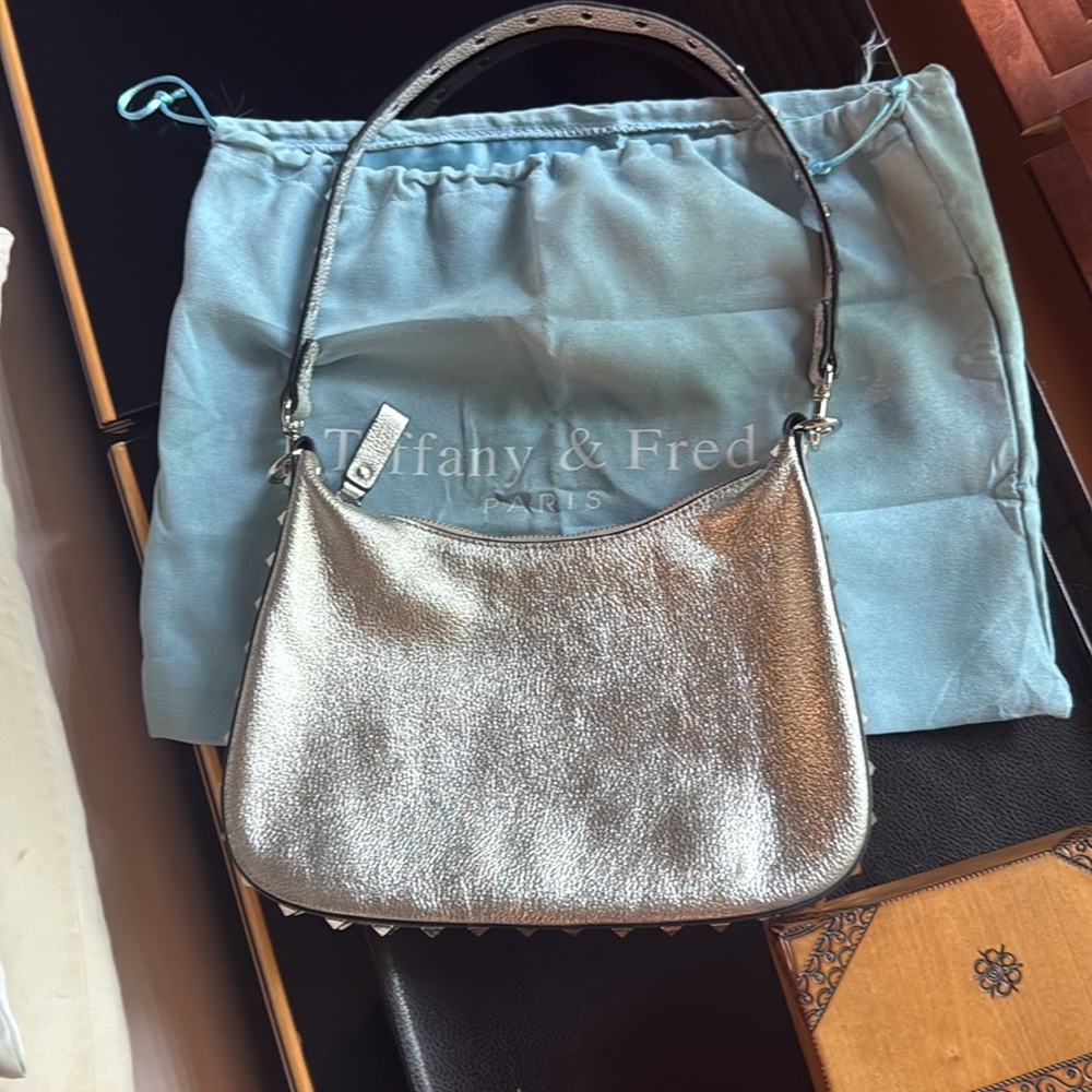 Tiffany & Fred Silver Shoulder/crossbody Bag with Studded Detail.